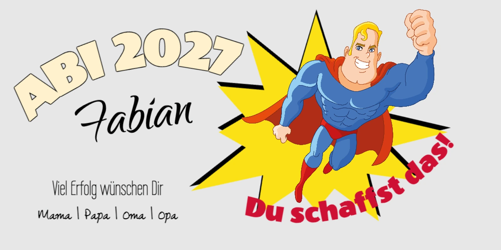 Abiplakat mit Superheld Abimotiv mit einer fliegenden Superheldenfigur