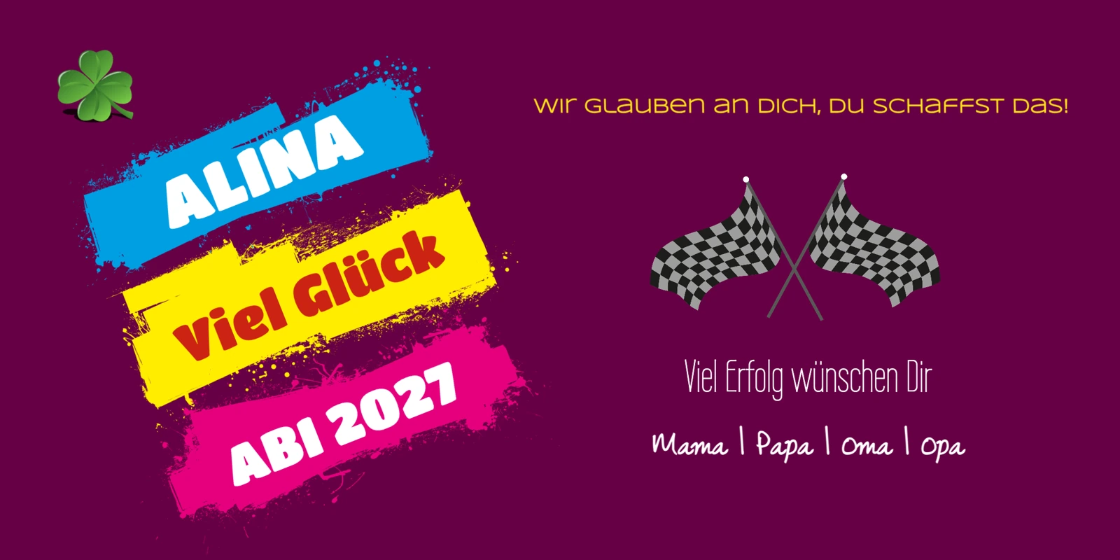 Abibanner mit Glücksklee Abimotiv mit Glücksklee, Zielflaggen und bunten Farbflächen