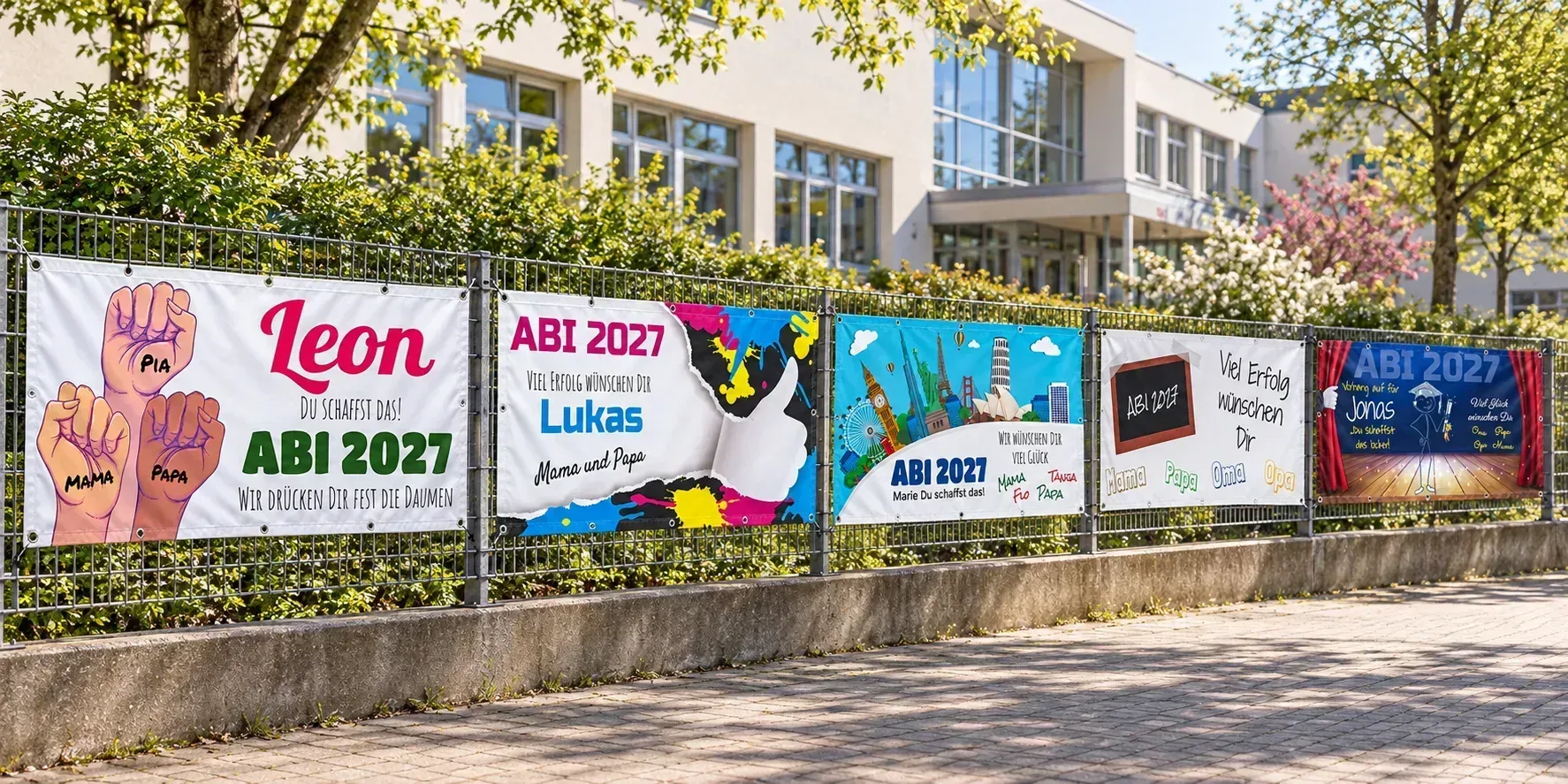 KI-generierte Beispielszene: fünf verschiedene XLPrintservice-Motivationsbanner 2027 am Zaun vor einem Gymnasium