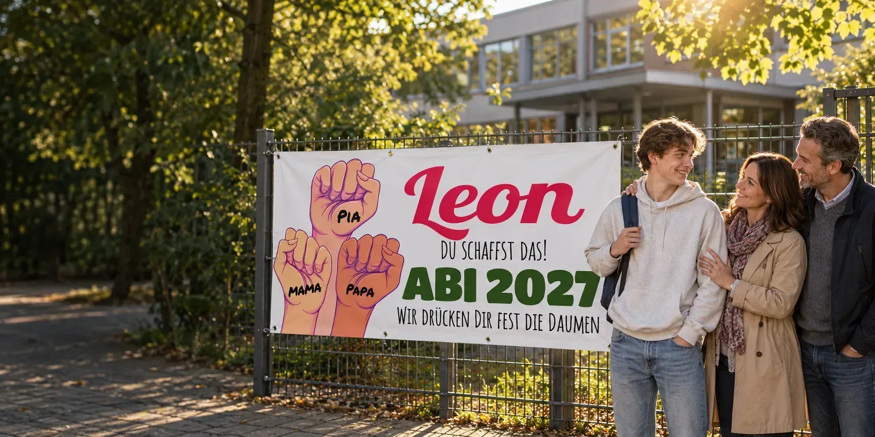 KI-generierte Beispielszene: Leon-Abibanner 2027 mit Familie vor der Schule