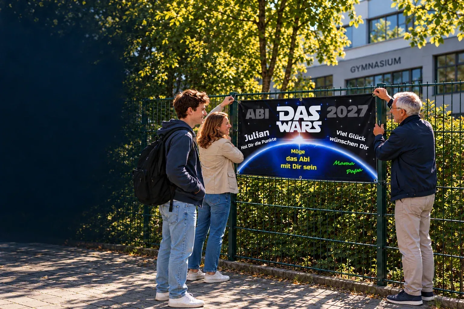 Illustrative Familienszene mit Das-Wars-Abibanner am Schulzaun