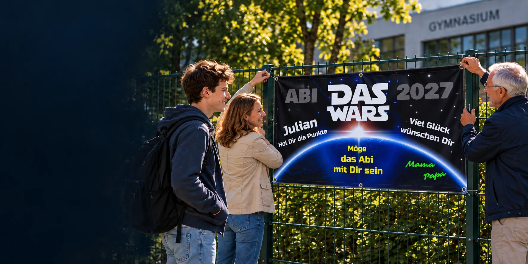 Illustrative Familienszene mit Das-Wars-Abibanner am Schulzaun