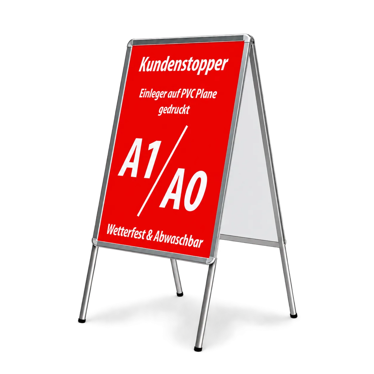 Kundenstopper mit rotem DIN-A1/A0-Einleger als Anwendungsbeispiel