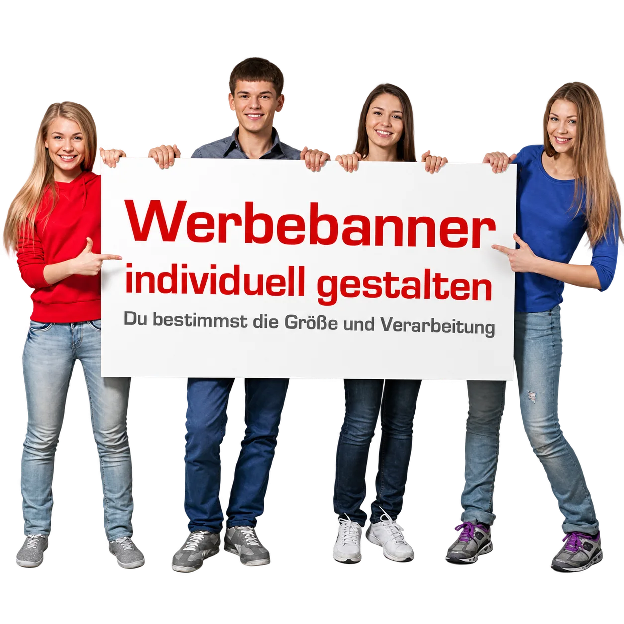 Drei Personen halten ein weißes Werbebanner mit rotem Schriftzug