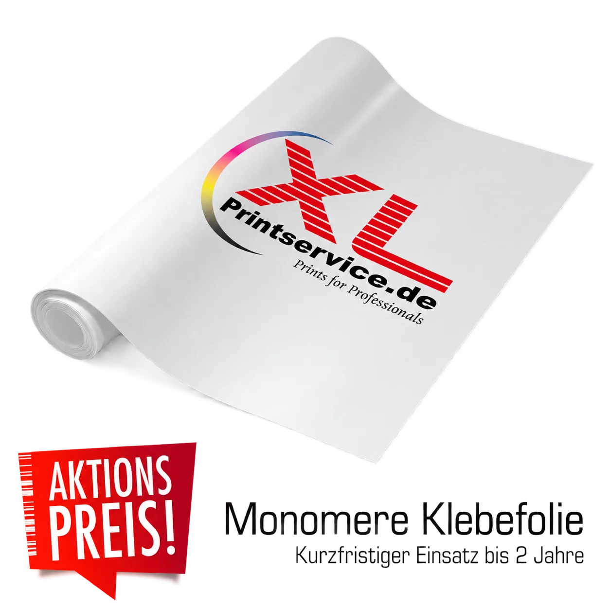 Aufgerollte weiße monomere Klebefolie mit XLPrintservice-Motiv