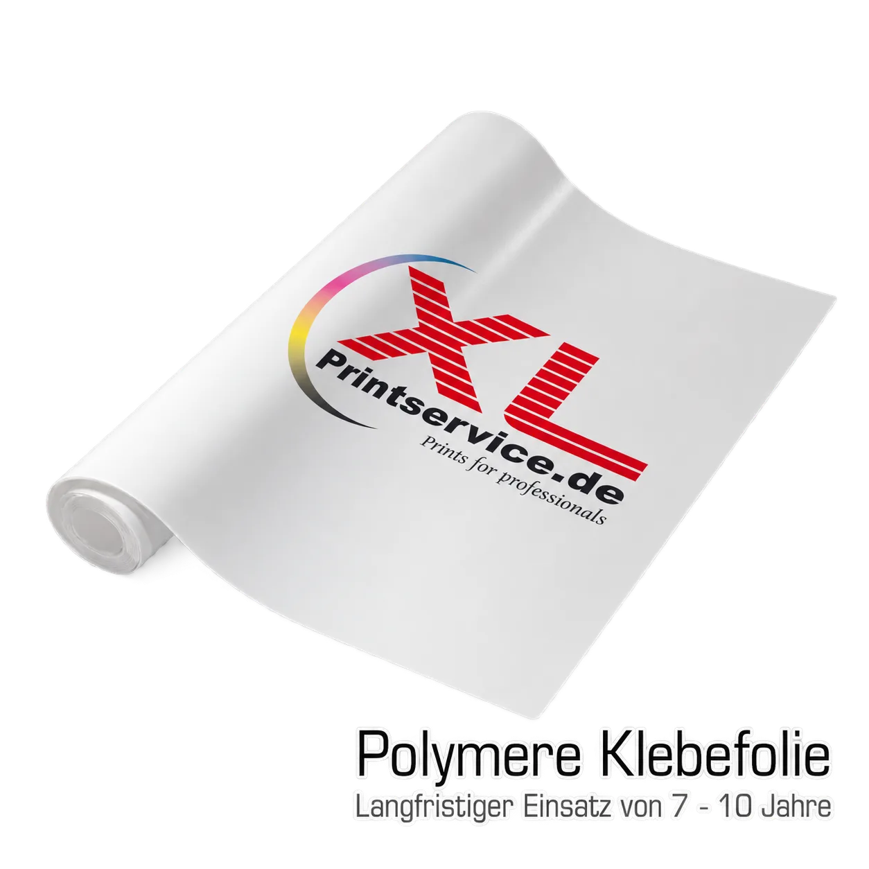 Aufgerollte weiße polymere Klebefolie mit XLPrintservice-Motiv