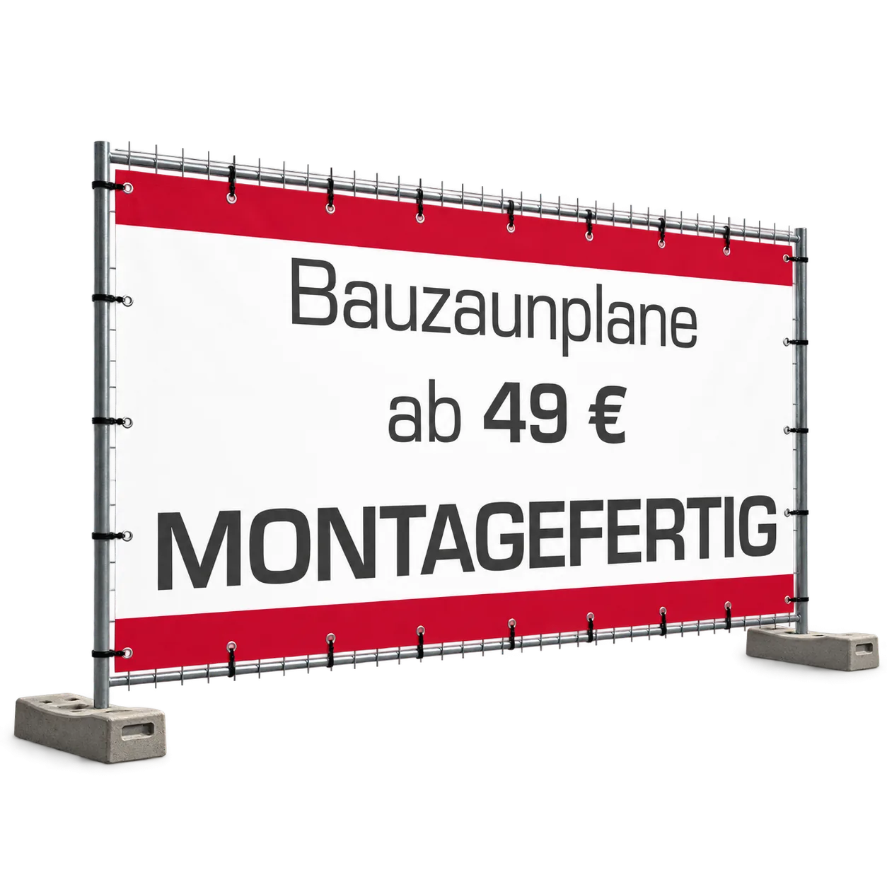Weiße PVC-Bauzaunplane mit roter Beschriftung an einem Bauzaun