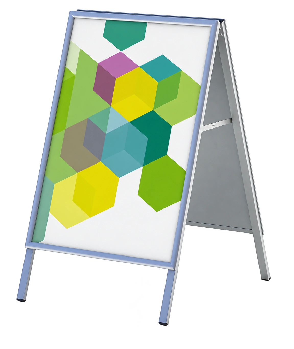 Silberner DIN-A1-Kundenstopper mit farbigem Plakatmotiv