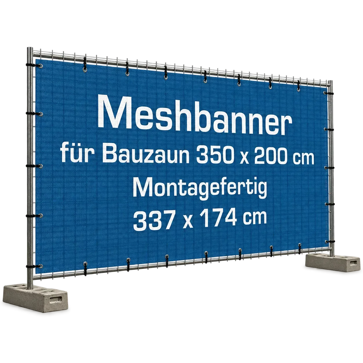 Blaues Meshbanner an einem Bauzaun mit Standfüßen