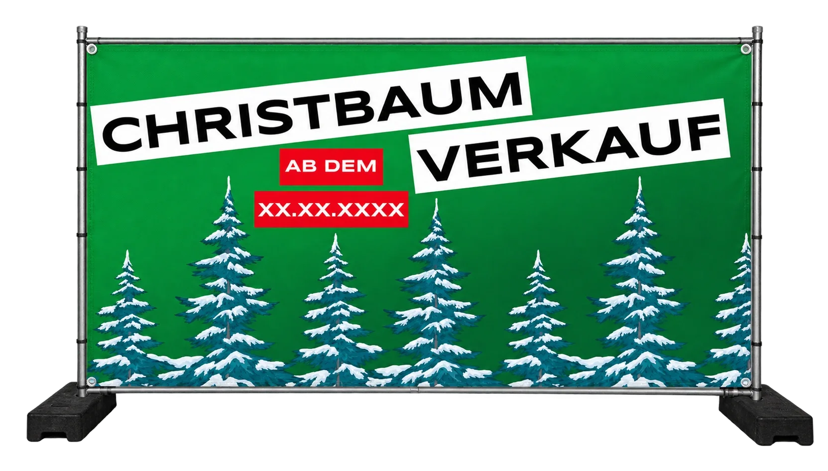 Christbaumverkauf · Bauzaunbanner 337 × 174 cm mit Tannenbäumen und großem Christbaumverkauf-Schriftzug