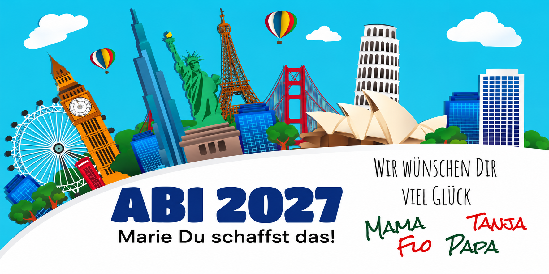 Abimotiv mit internationalen Wahrzeichen und buntem Schriftzug