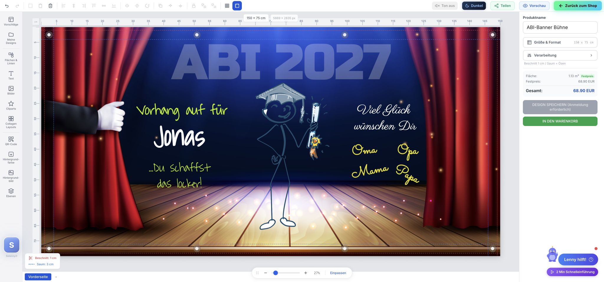 Selenny® Designer mit persönlichem Bühnen-Abibanner 2027, Text- und Bildwerkzeugen, Formatwahl, Ebenen und Live-Preisübersicht